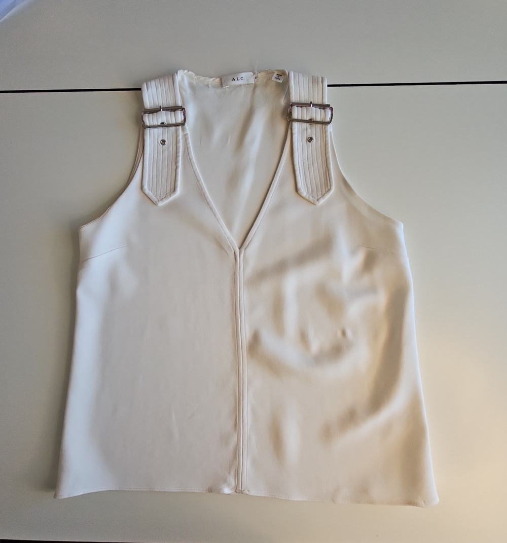 A.L.C. Ivory V Neck Sleeveless Top Size 4 Buckle Strap Designer Blouse